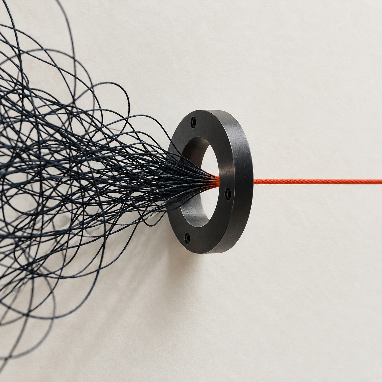 Tangled dark threads becoming one clear coral line through a metal aperture